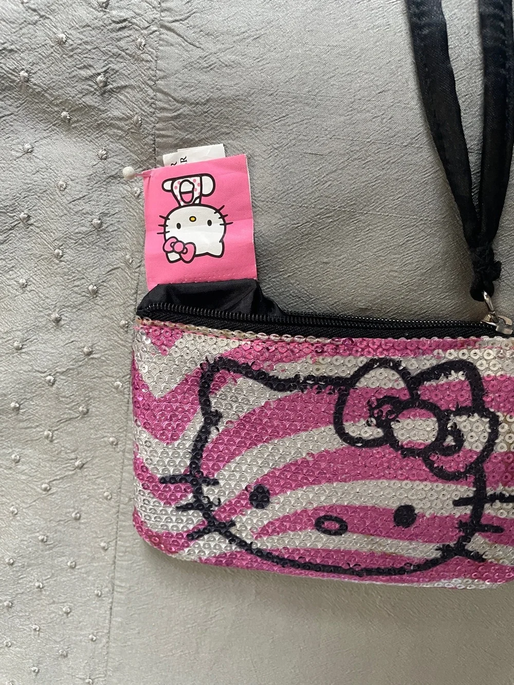 Hello Kitty Pink and Silver Sequin Wristlet Satiny Pouch with Wrist Strap